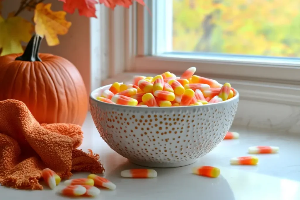 A bowl of candy corn on a windowsill, surrounded by autumn leaves, a pumpkin, and a cozy orange cloth, creating a festive fall atmosphere.