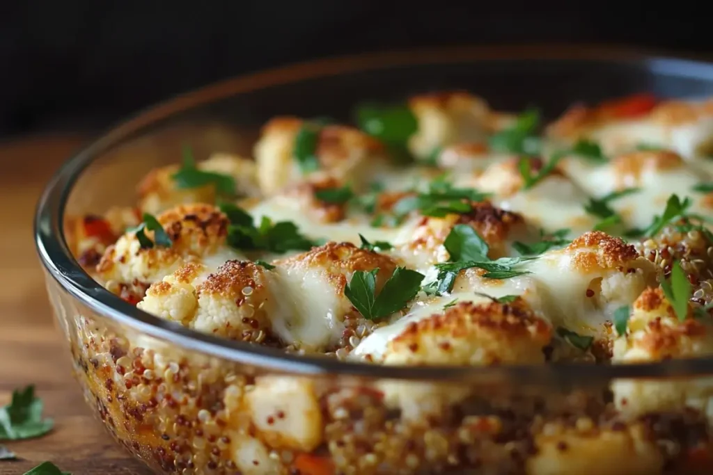 Freshly baked cauliflower quinoa casserole topped with golden melted cheese and parsley, highlighting the irresistible cauliflower quinoa casserole recipe.