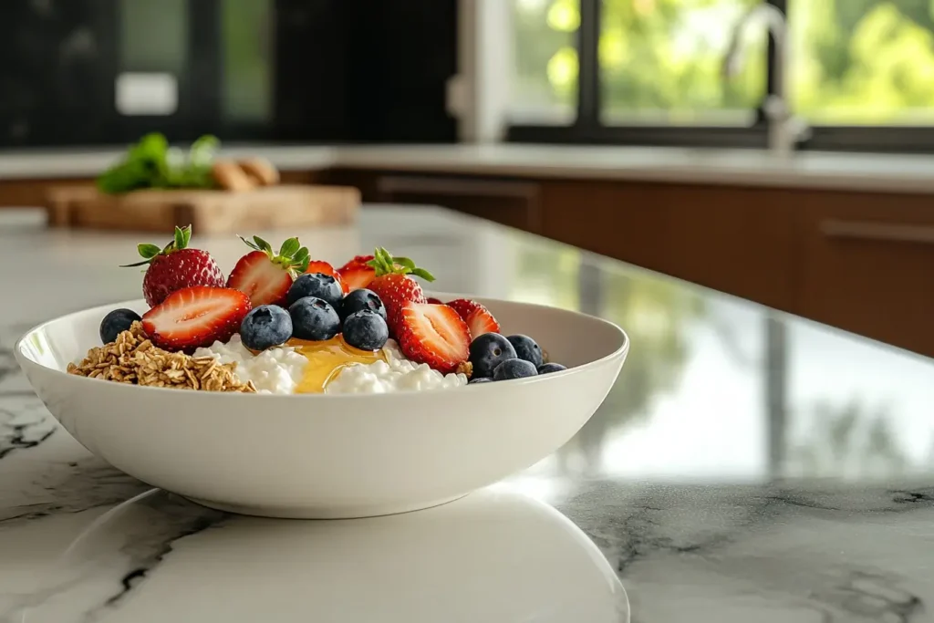 A modern breakfast bowl with cottage cheese topped with fresh blueberries, strawberries, granola, and a drizzle of honey.