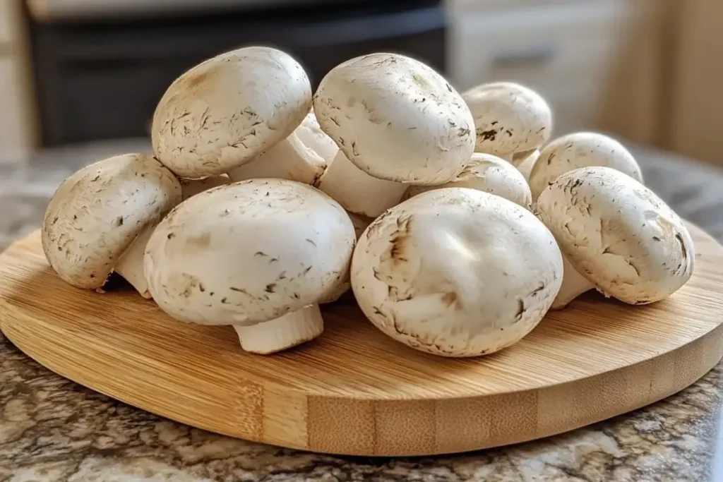 Fresh button mushrooms arranged on a wooden cutting board in a bright kitchen