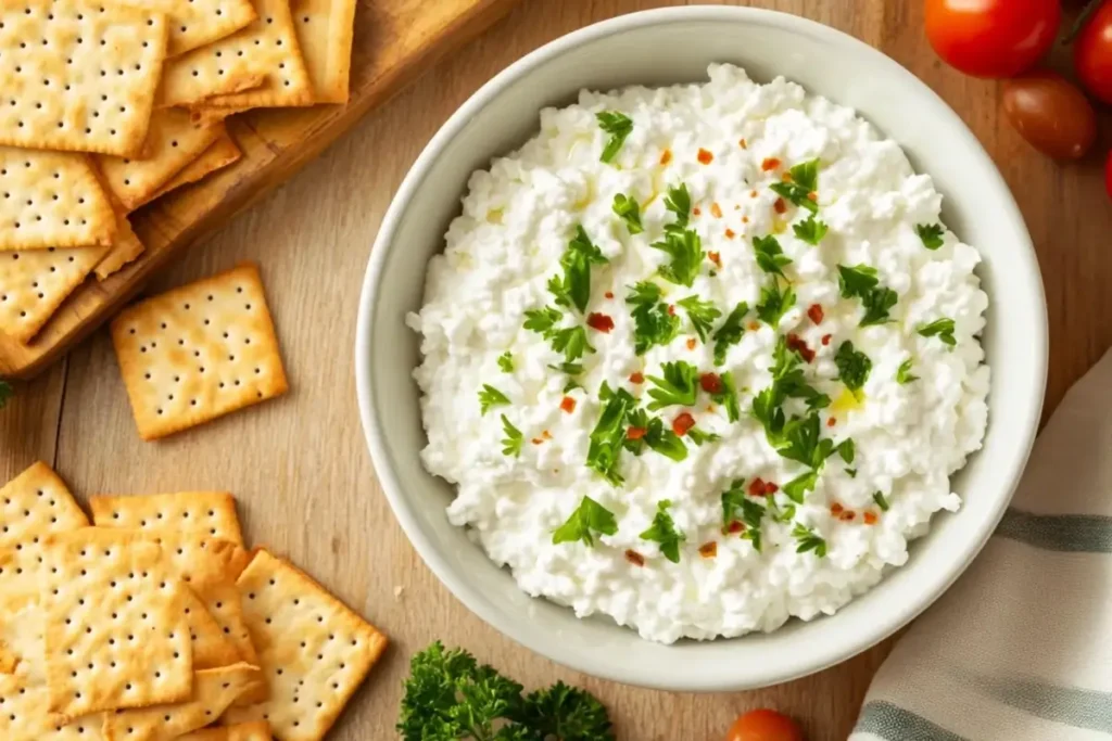 A bowl of cottage cheese topped with fresh parsley and red pepper flakes, served alongside crackers, as part of delicious cottage cheese recipes.