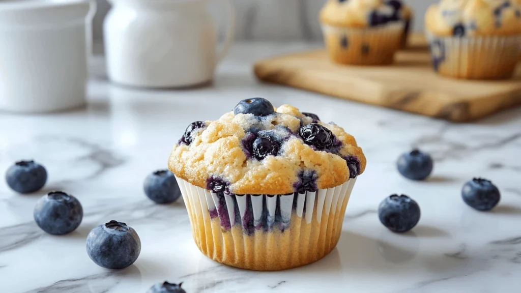 Freshly baked to die for blueberry muffins with golden tops and juicy blueberries on a rustic wooden countertop.