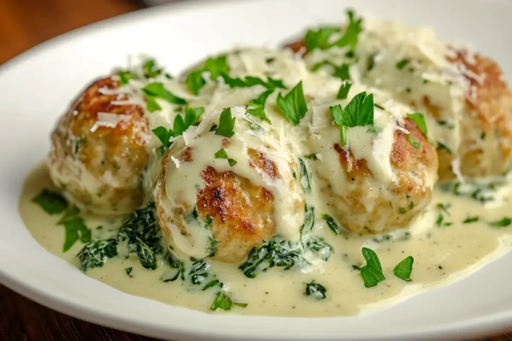 Chicken Ricotta Meatballs with Spinach Alfredo Sauce – a delicious and creamy recipe garnished with fresh parsley.