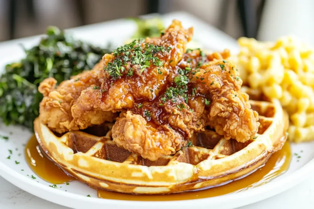 What to serve with chicken and waffles: Golden waffles topped with crispy fried chicken, drizzled with maple syrup, served alongside mac and cheese and collard greens.