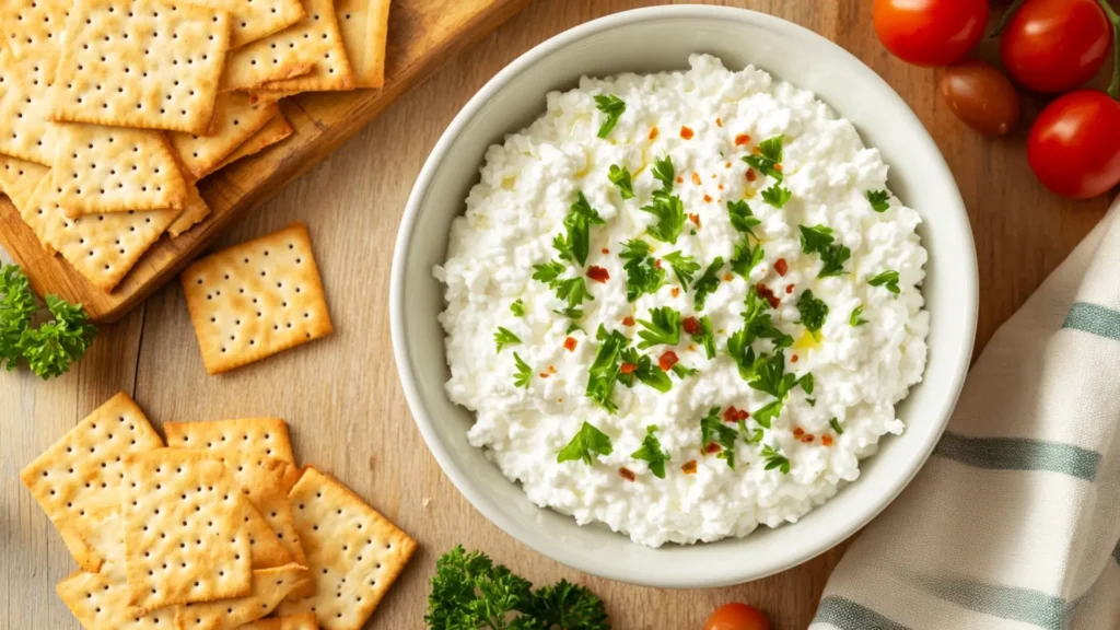 A white bowl of cottage cheese garnished with fresh parsley and red pepper flakes, served on a wooden table alongside crispy crackers, fresh cherry tomatoes, and parsley sprigs.