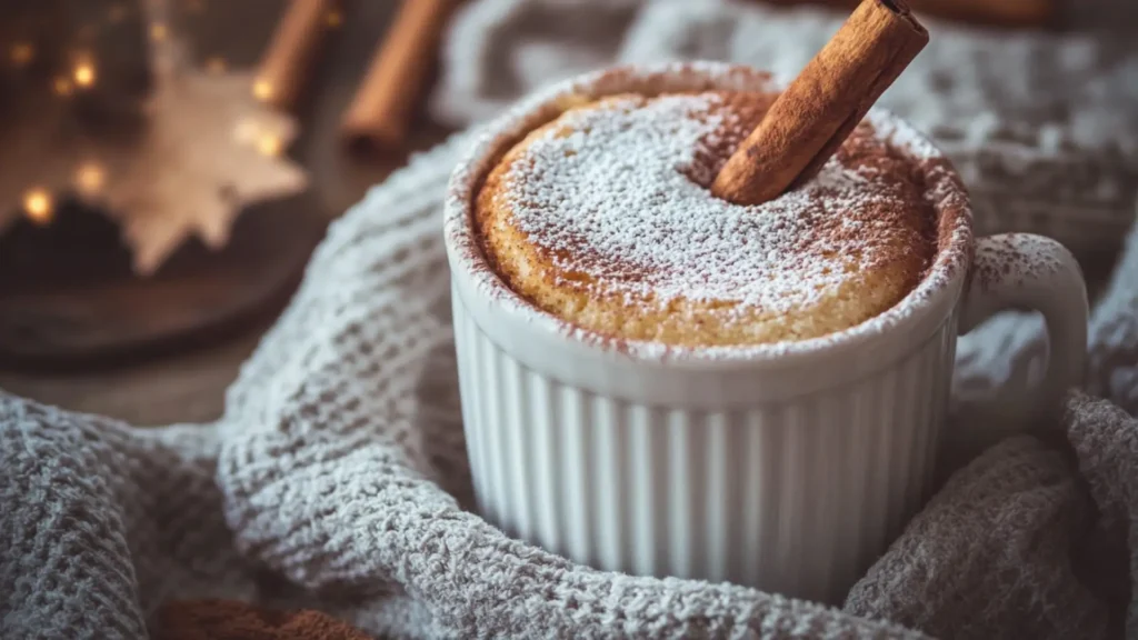 Warm cinnamon mug cake in a white mug with powdered sugar and cinnamon stick garnish, set on a rustic wooden table.