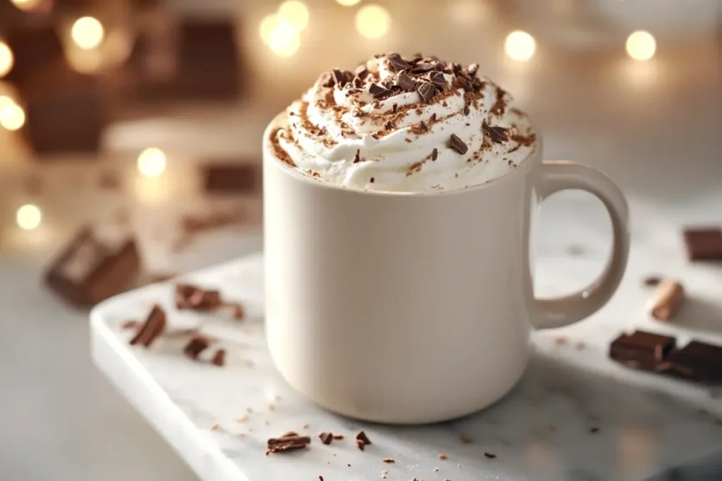 Hot chocolate mug topped with whipped cream and chocolate shavings, placed on a marble surface with festive bokeh lighting in the background.