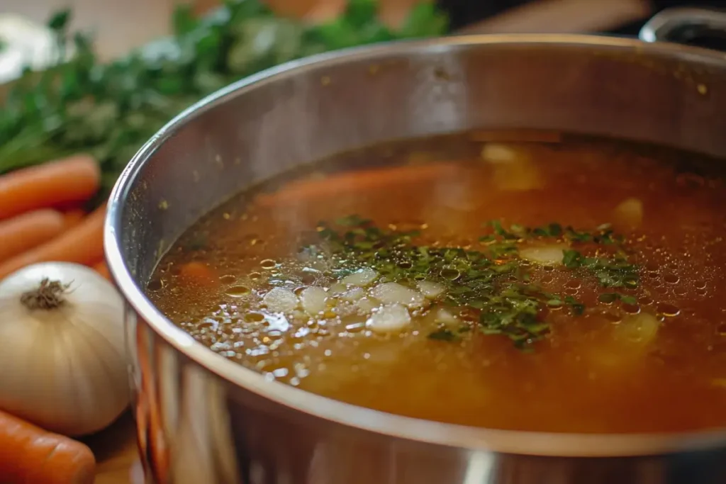 Homemade chicken bouillon simmering with fresh carrots, onions, and herbs