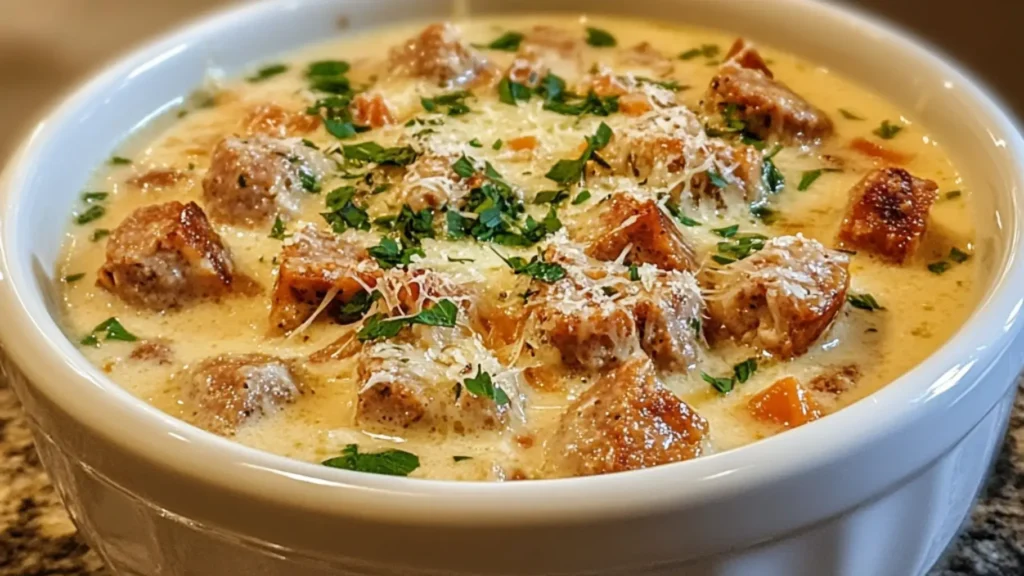 A bowl of creamy Parmesan Italian sausage soup garnished with fresh parsley and shredded Parmesan cheese.