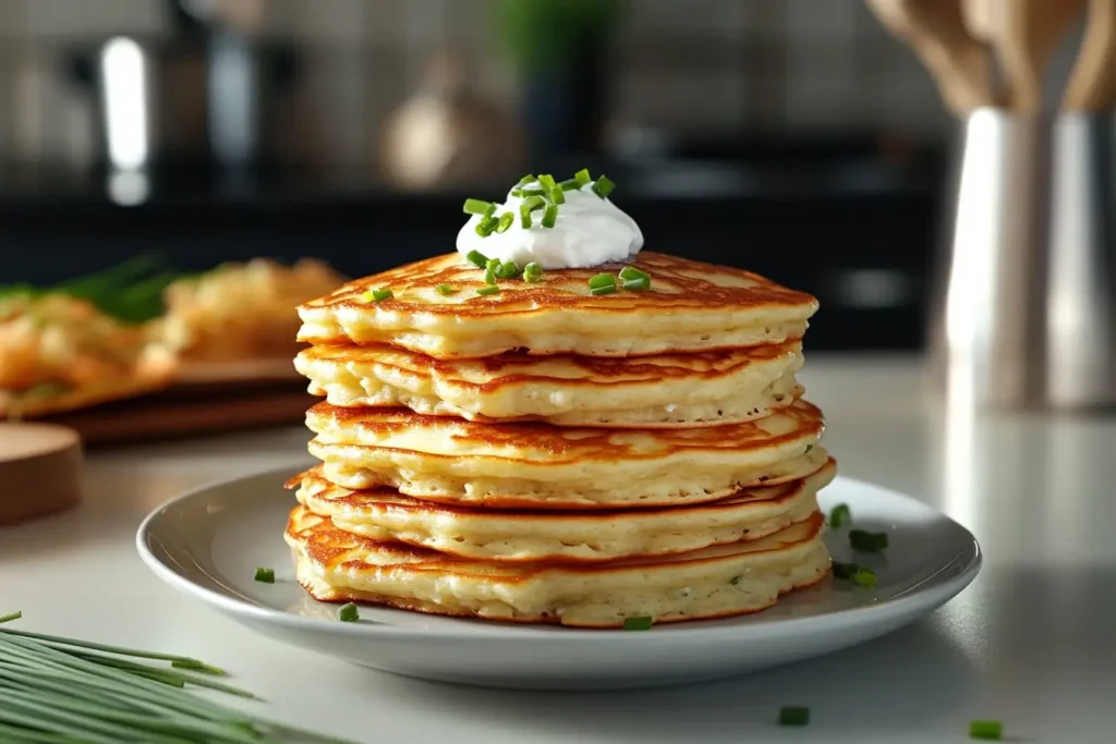 A stack of golden-brown cottage cheese pancakes garnished with sour cream and fresh chives on a white plate.
