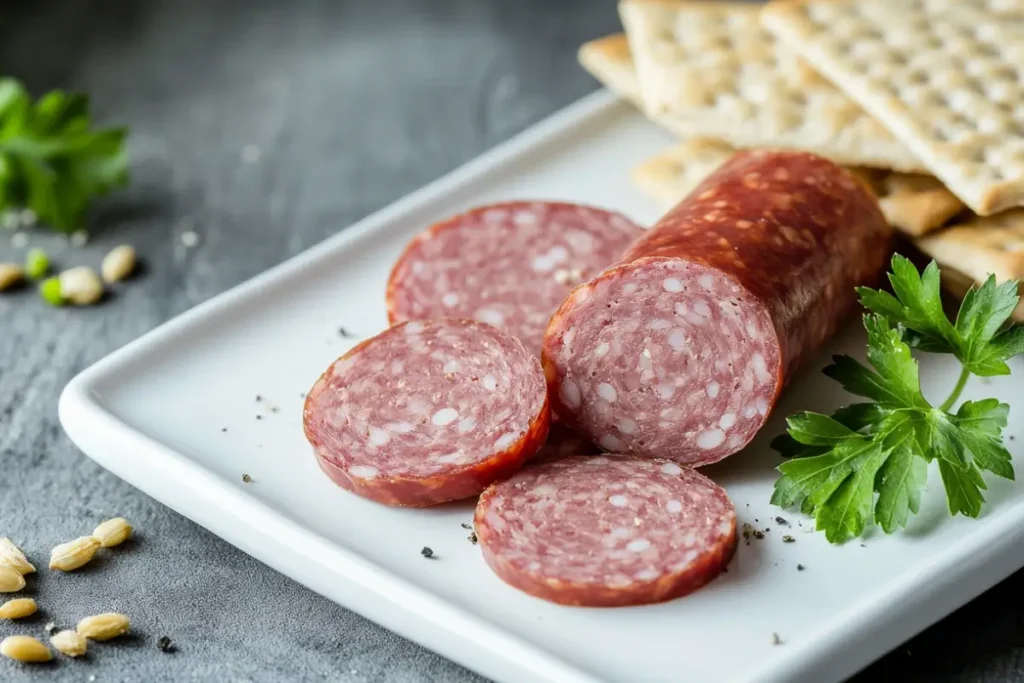Close-up of sliced summer sausage on a white plate, garnished with parsley and paired with crackers, set on a gray countertop.