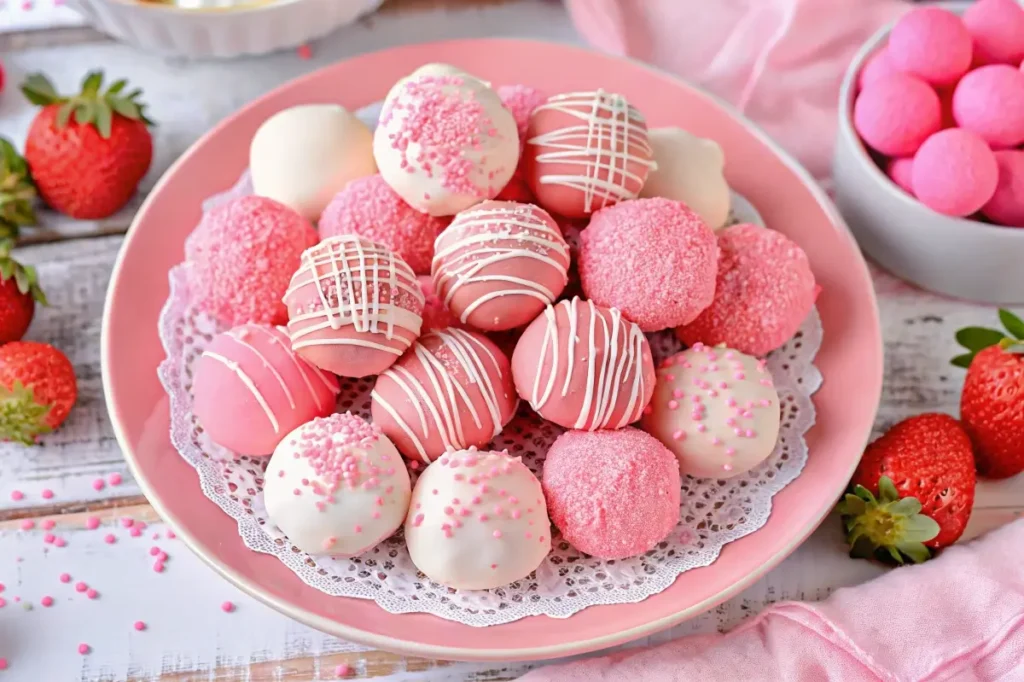 A plate filled with strawberry cheesecake bites, decorated with pink and white coatings, sprinkles, and delicate white chocolate drizzles, surrounded by fresh strawberries.