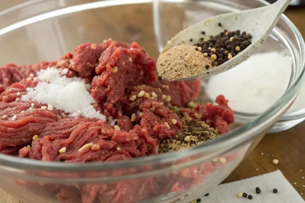 Close-up of ground beef, spices, and curing salt being mixed in a glass bowl for homemade summer sausage.