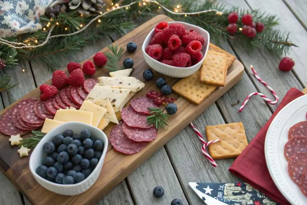 A festive charcuterie board with summer sausage slices, cheese, fresh blueberries, raspberries, and crackers, arranged on a wooden board with holiday decor in the background.
