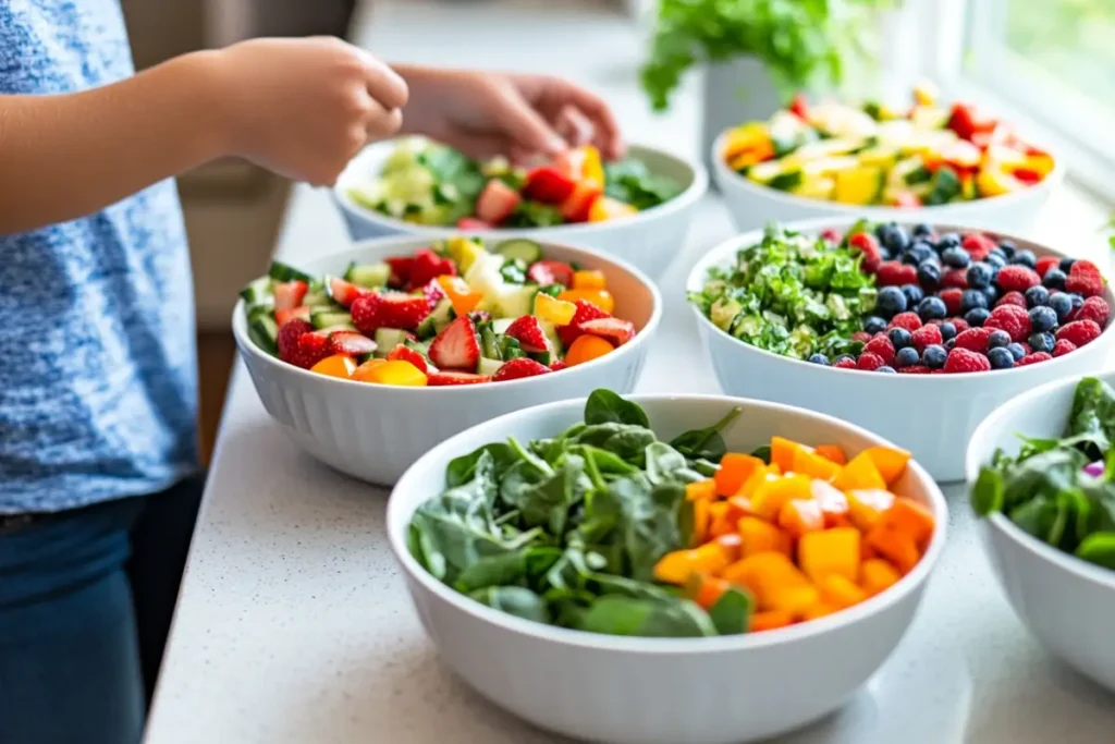 Colorful and fresh salad recipes for kids featuring bowls of spinach, diced bell peppers, strawberries, blueberries, and cucumbers. A child assembling the salads in a bright, family-friendly kitchen.