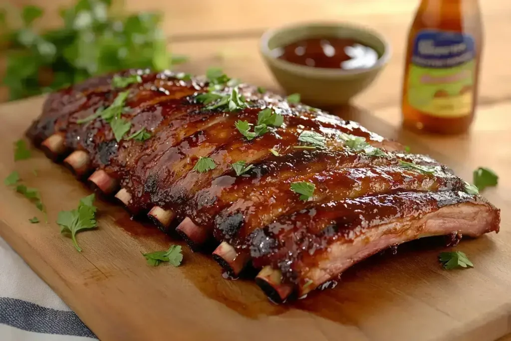 Tender, juicy ribs coated in barbecue glaze, garnished with fresh herbs, on a wooden board. Learn How Do You Make Ribs Tender for perfect results every time.