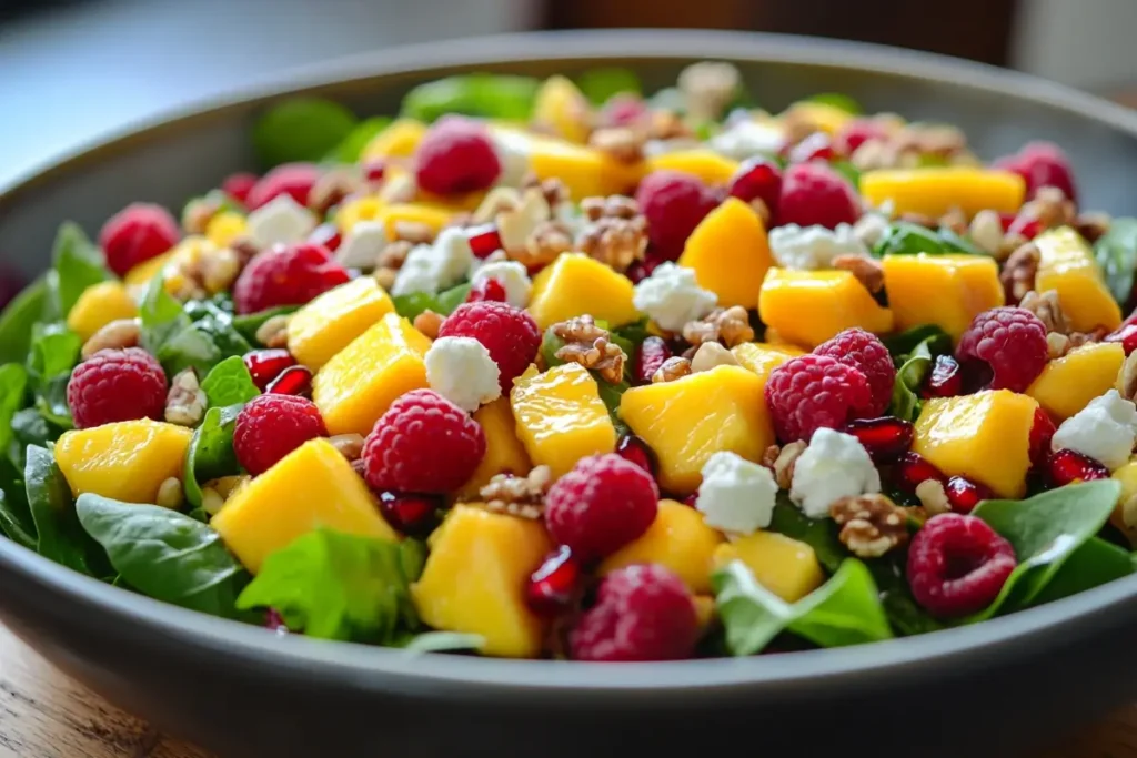 mango raspberry salad with fresh mango chunks, raspberries, pomegranate seeds, walnuts, and feta cheese on a bed of spinach greens