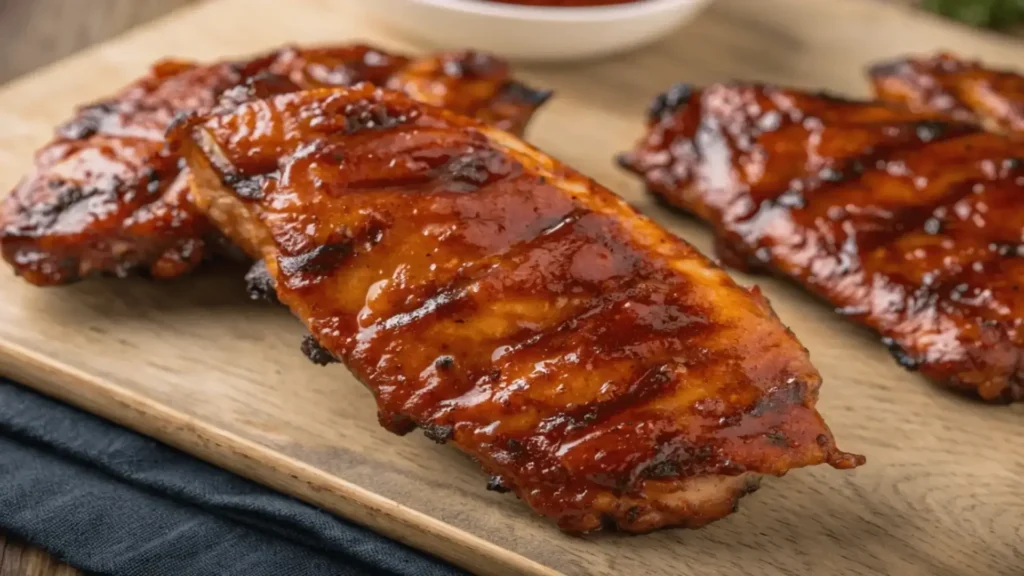 Grilled turkey ribs brushed with barbecue sauce on a wooden platter