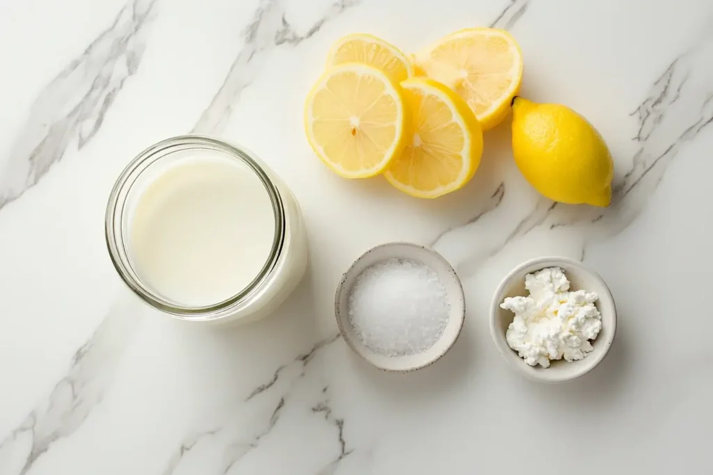 Ingredients for homemade cottage cheese: a glass jar of milk, a bowl of lemon slices, and a pinch bowl of salt on a marble countertop.