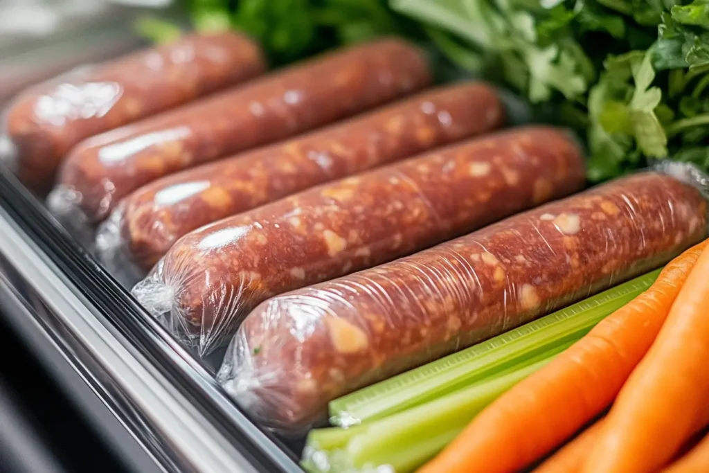 Wrapped summer sausage logs stored in a refrigerator drawer with fresh vegetables.
