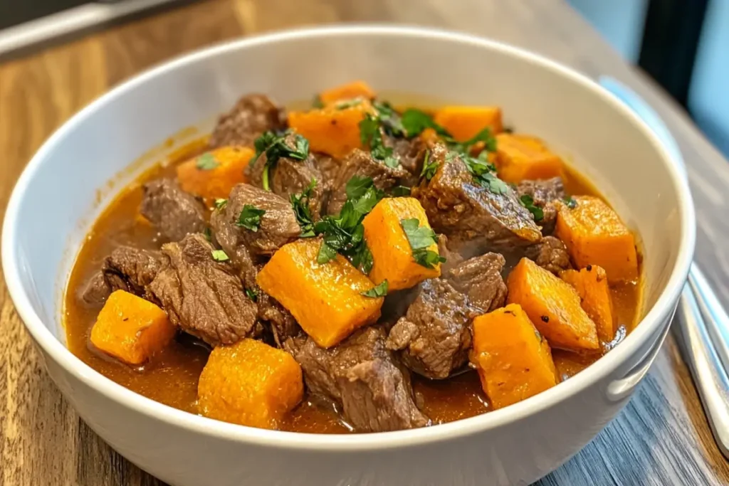 A steaming bowl of Sweet Potato Braised Beef, featuring tender beef chunks, vibrant orange sweet potatoes, and fresh parsley garnish.