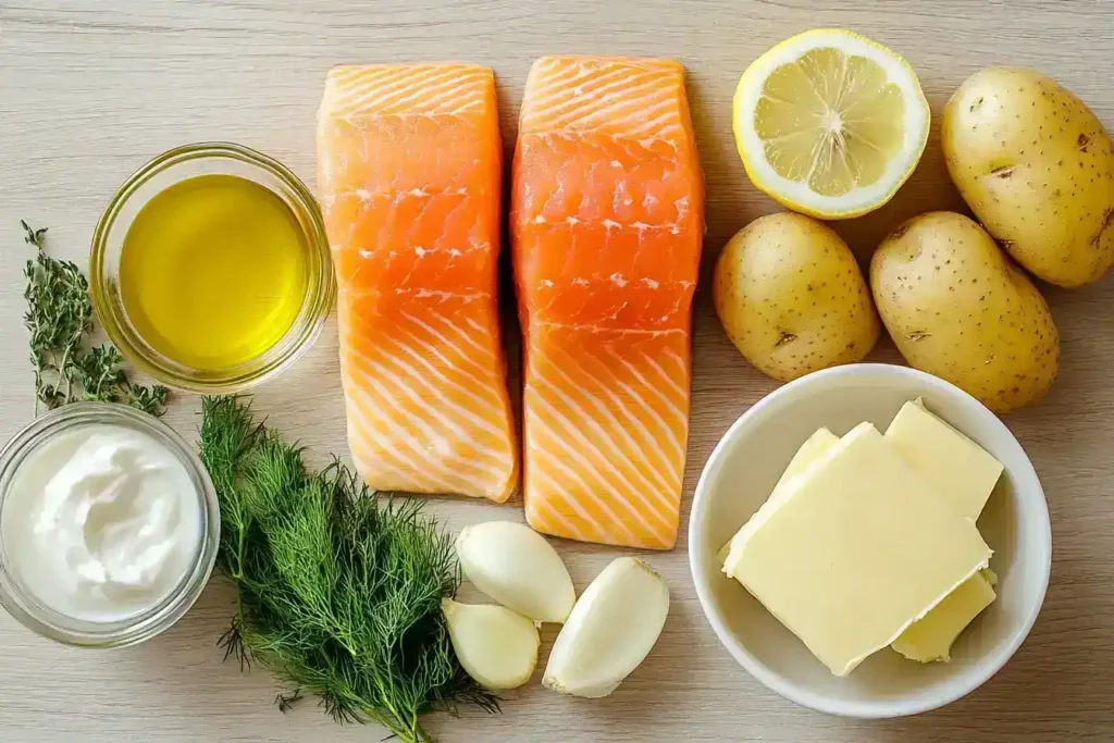 Top-down view of fresh ingredients for salmon and mashed potatoes, including raw salmon fillets, olive oil, fresh dill, lemon, butter, potatoes, and garlic.