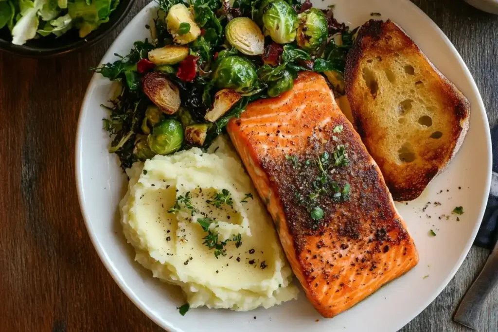 A plate of grilled salmon with crispy skin, creamy mashed potatoes topped with herbs, roasted Brussels sprouts, and a slice of toasted bread, served on a rustic wooden table.