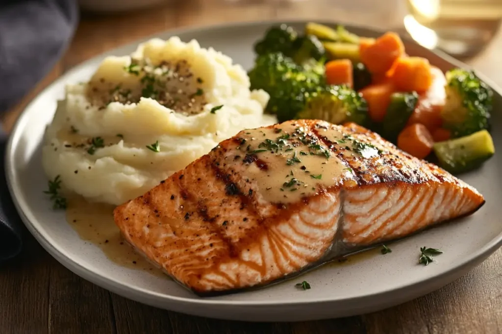A plate of grilled salmon with creamy mashed potatoes and steamed vegetables, highlighting the question "Are salmon and mashed potatoes healthy?"