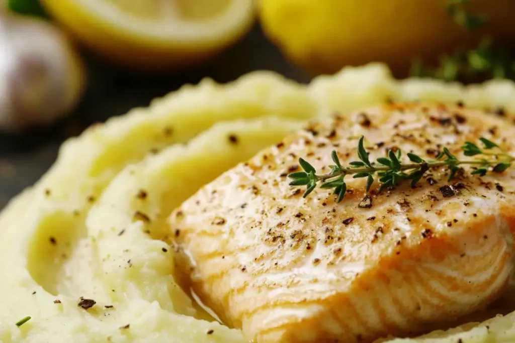 A perfectly cooked salmon fillet seasoned with black pepper and garnished with fresh thyme, served on a bed of creamy mashed potatoes with a blurred background of lemons and garlic.