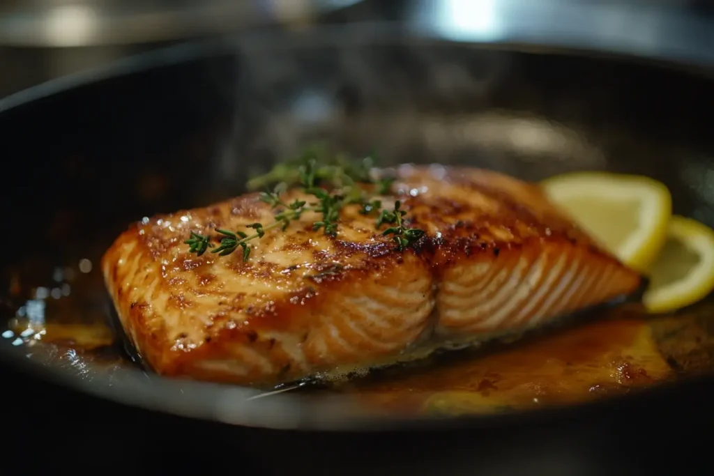 A golden-brown, perfectly seared salmon fillet sizzling in a skillet, garnished with fresh thyme and served with lemon slices.