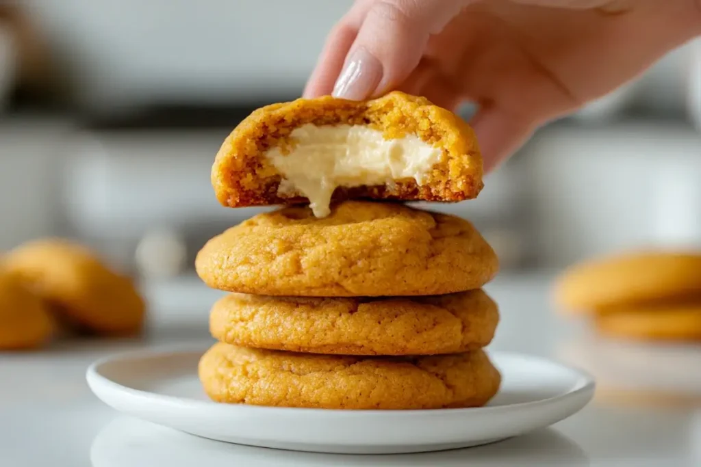 A stack of pumpkin cheesecake cookies on a white plate, with one cookie held above showing a gooey cheesecake filling inside. Perfect fall dessert.