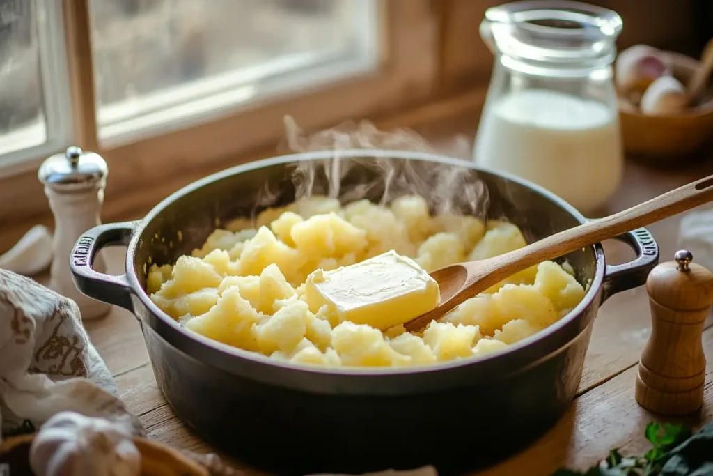 A steaming pot of freshly boiled potatoes with a pat of butter melting on top, set on a wooden kitchen table next to a glass of milk and seasoning items.