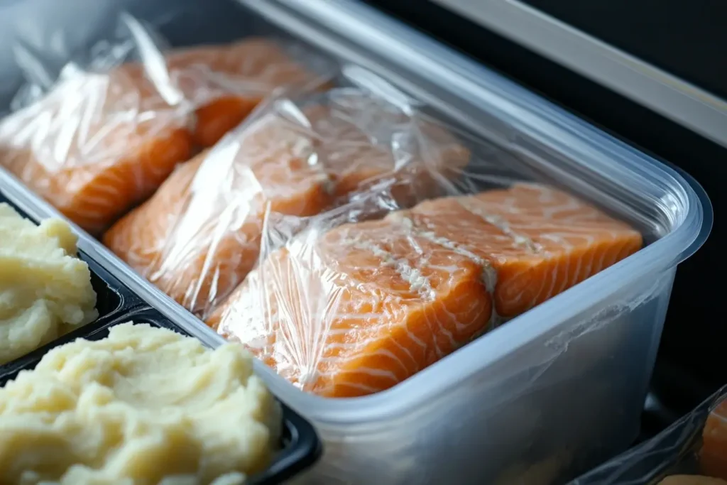 Raw salmon fillets wrapped in plastic wrap and stored in a clear airtight container, with portions of creamy mashed potatoes placed in meal prep trays.